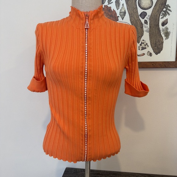Belldini Tops - Belldini Sexy Orange Rhinestone Crystal Zipper Mock Neck Collar Shirt Large Y2K